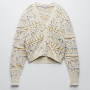 NWT Zara Adorable Knit Pointelle Cardigan Jacket Sweater Pastel and Cutouts